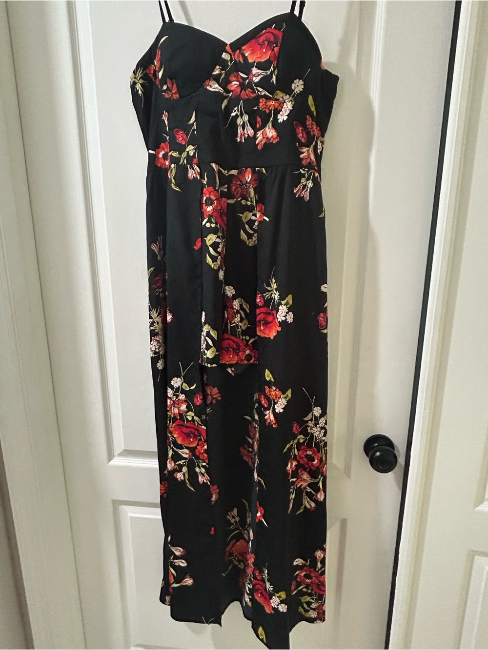 Band of Gypsies Black Floral Maxi Dress with Red Accents